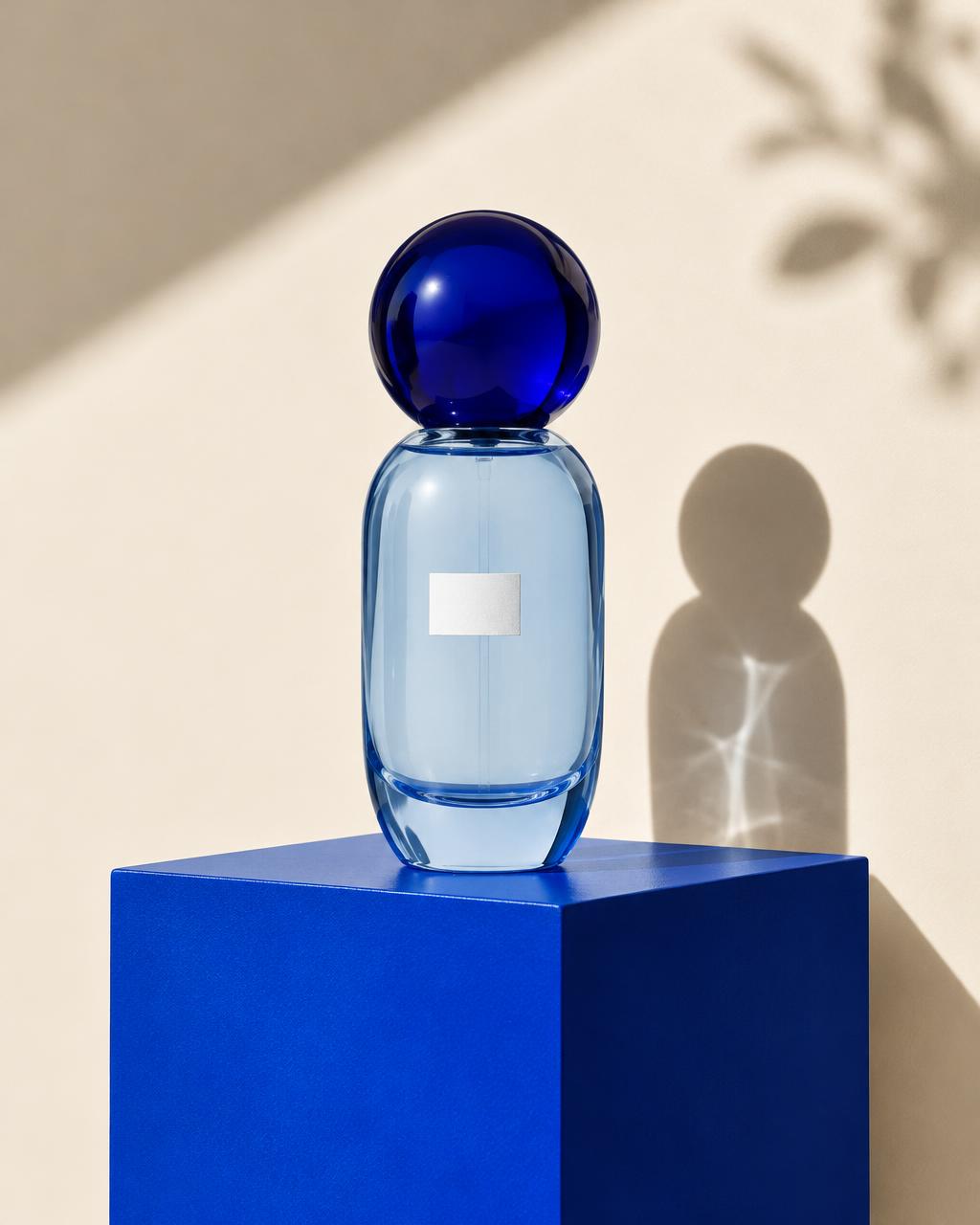 Sample beauty campaign: cobalt glass fragrance bottle